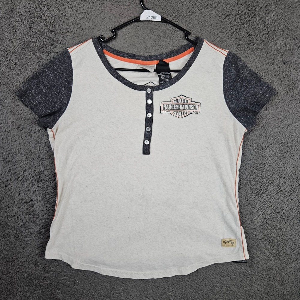 Harley Davidson Womens XL Henley Shirt Cream Grey Colorblock Logo Biker Tee